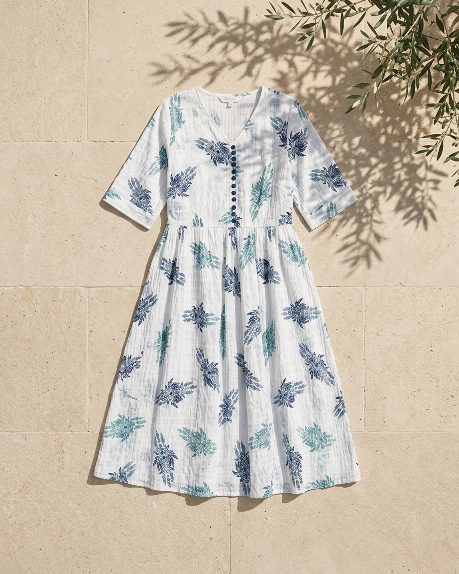 White & Blue Floral Midi Dress