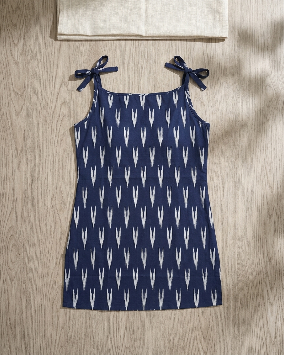 Indigo Blue Ikat Print Sleeveless Tunic with Shoulder Ties