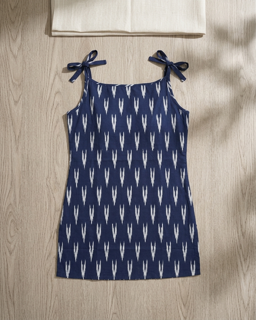 Indigo Blue Ikat Print Sleeveless Tunic with Shoulder Ties