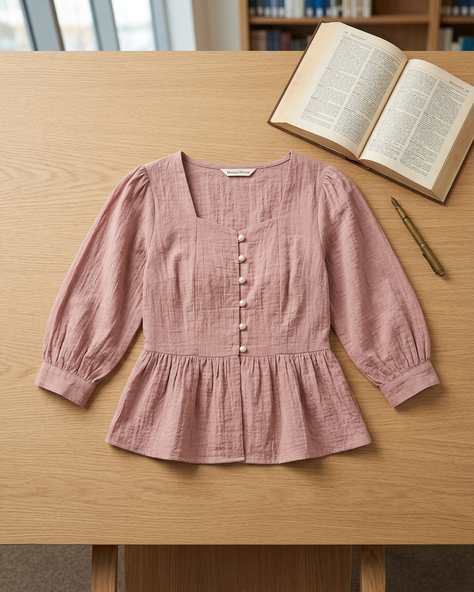 Mauve Pink Textured Peplum Top with Pearl Button Details