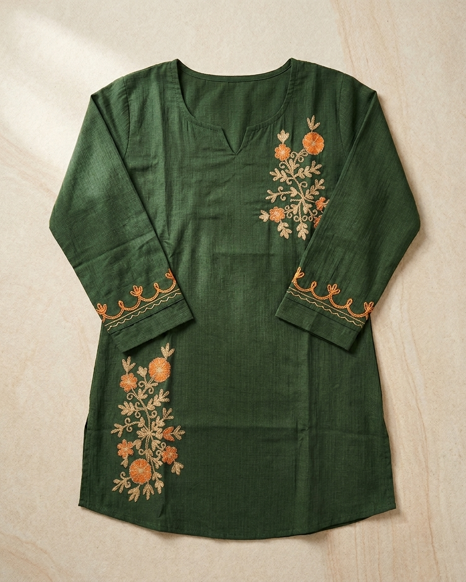 Bottle Green Floral Embroidered Cotton Slub Tunic