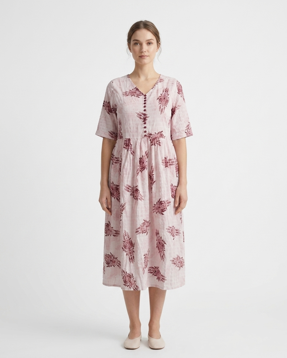 Pastel Pink V-Neck A-Line One-Piece Dress - Floral Print