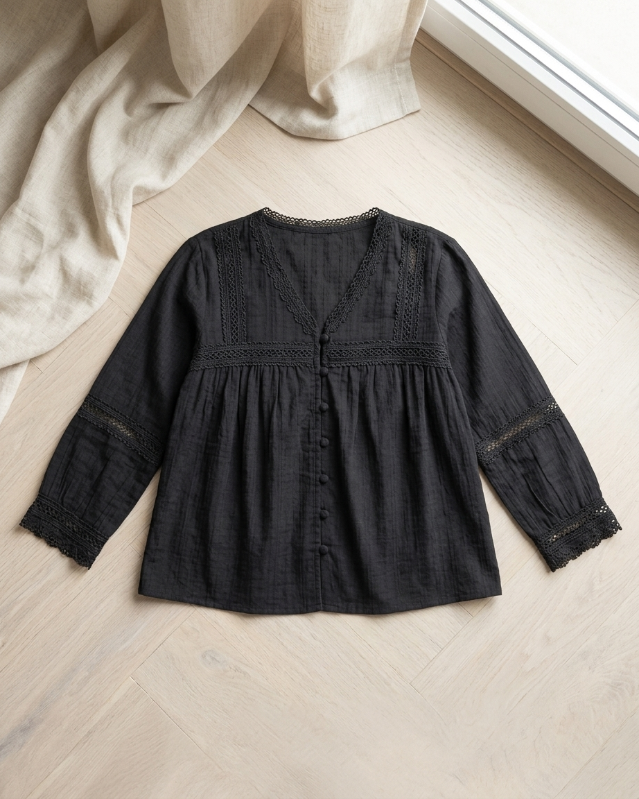 Midnight Black Boho Lace Embroidered Top