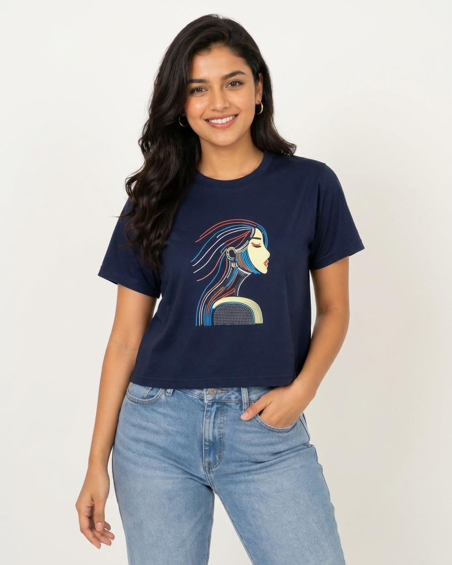 Women's Navy Blue Relaxed Fit Cotton Tee with Artistic Portrait Graphic
