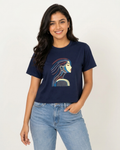 Women's Navy Blue Relaxed Fit Cotton Tee with Artistic Portrait Graphic