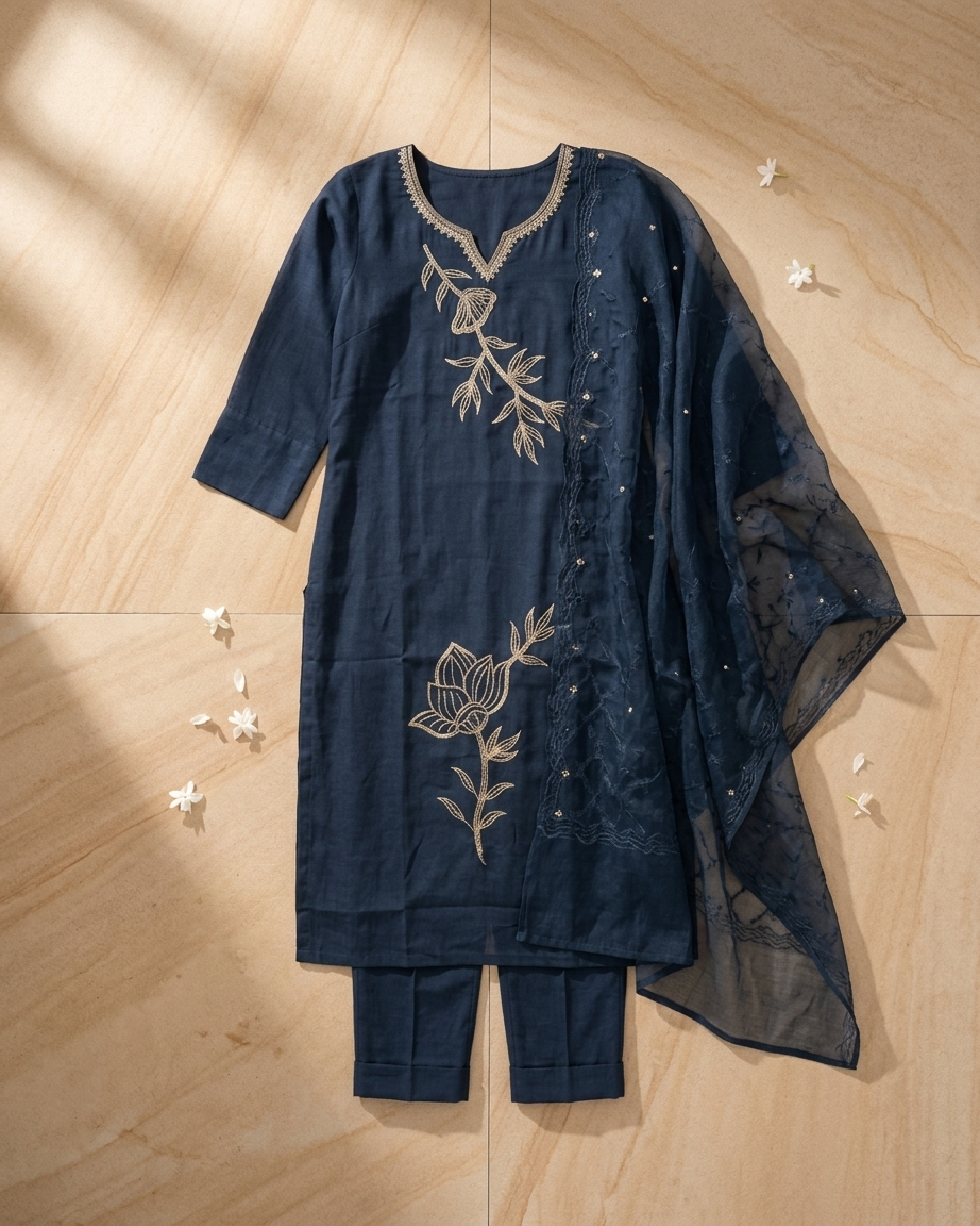 Women's Navy Blue Silk Kurta Set with Gold Floral Embroidery & Sheer Dupatta