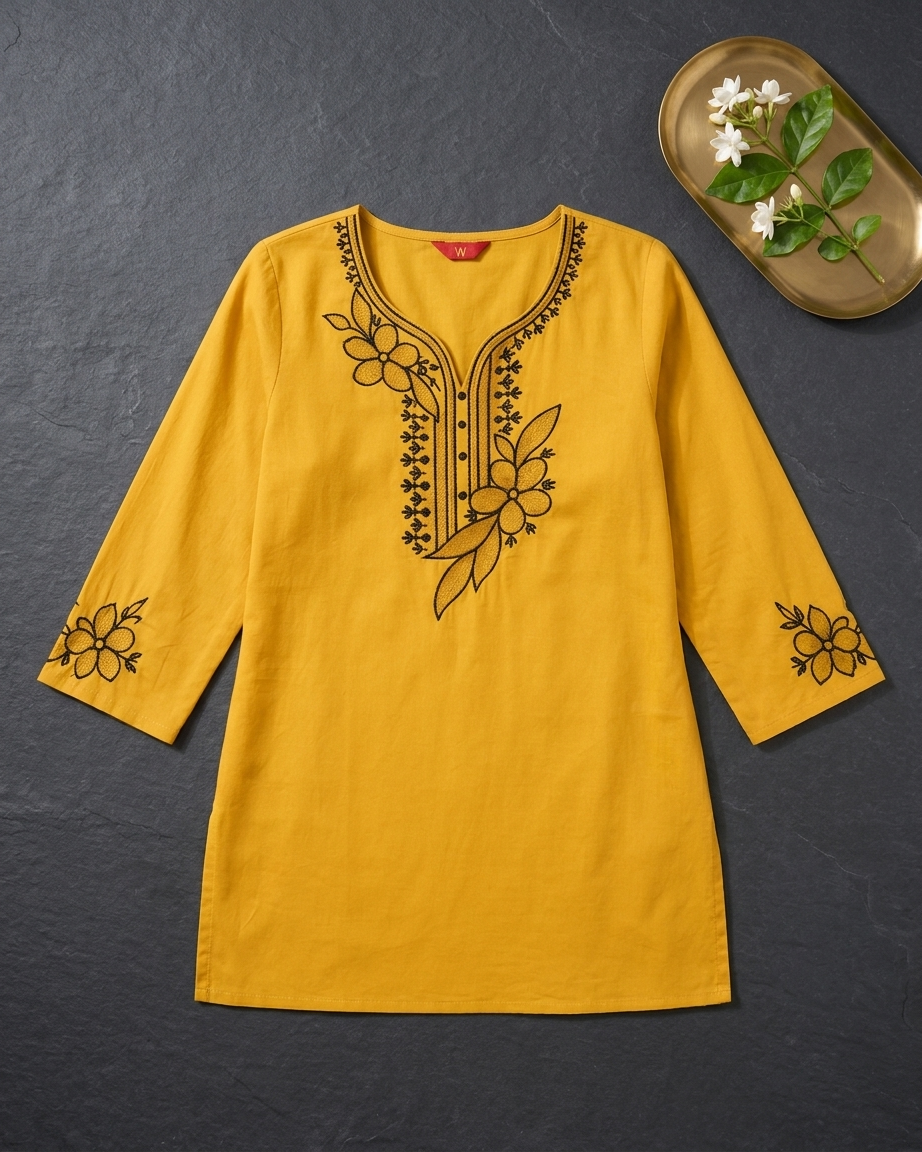 Women's Mustard Yellow Cotton Tunic with Black Floral Embroidery
