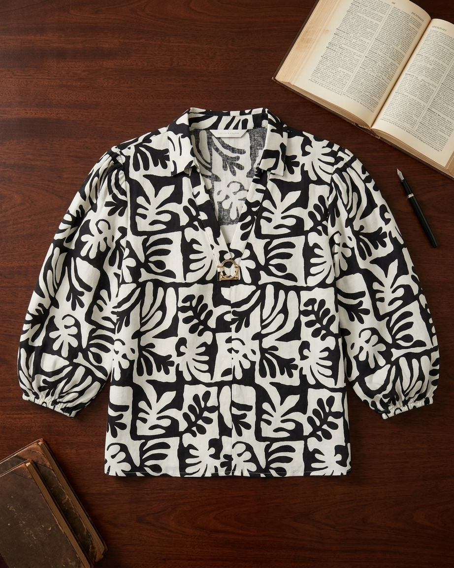 Women's Black & White Abstract Print Shirt with Gold Buckle Detail