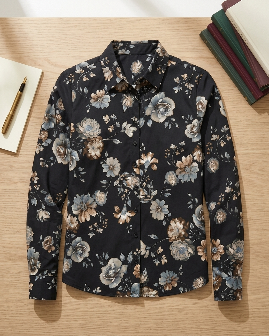 Black Cotton Shirt with Vintage Floral Print