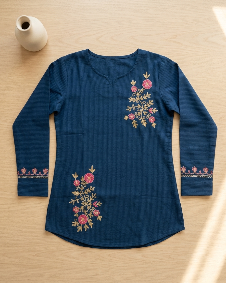Navy Blue Floral Embroidered Cotton Slub Tunic