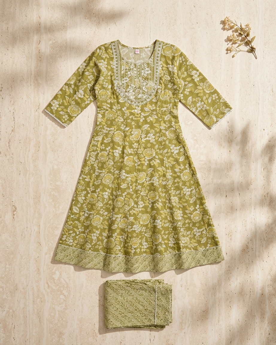 Women's Sage Green Floral Print Cotton Anarkali Kurta with Trousers