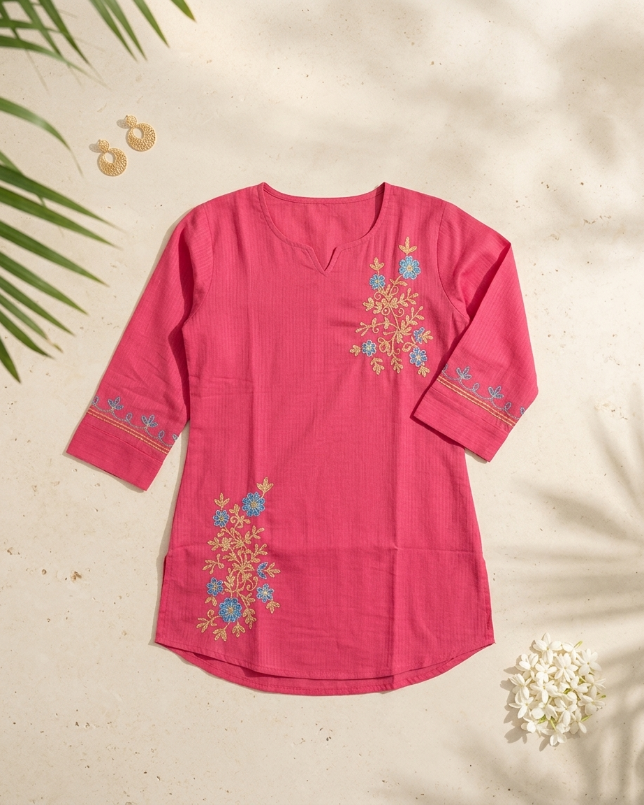 Rani Pink Floral Embroidered Cotton Slub Tunic