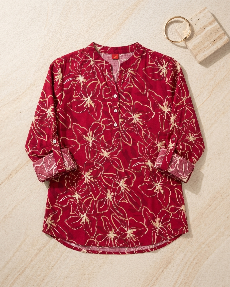 Cherry Red Floral Print Tunic with Mandarin Collar & Roll-Up Sleeves