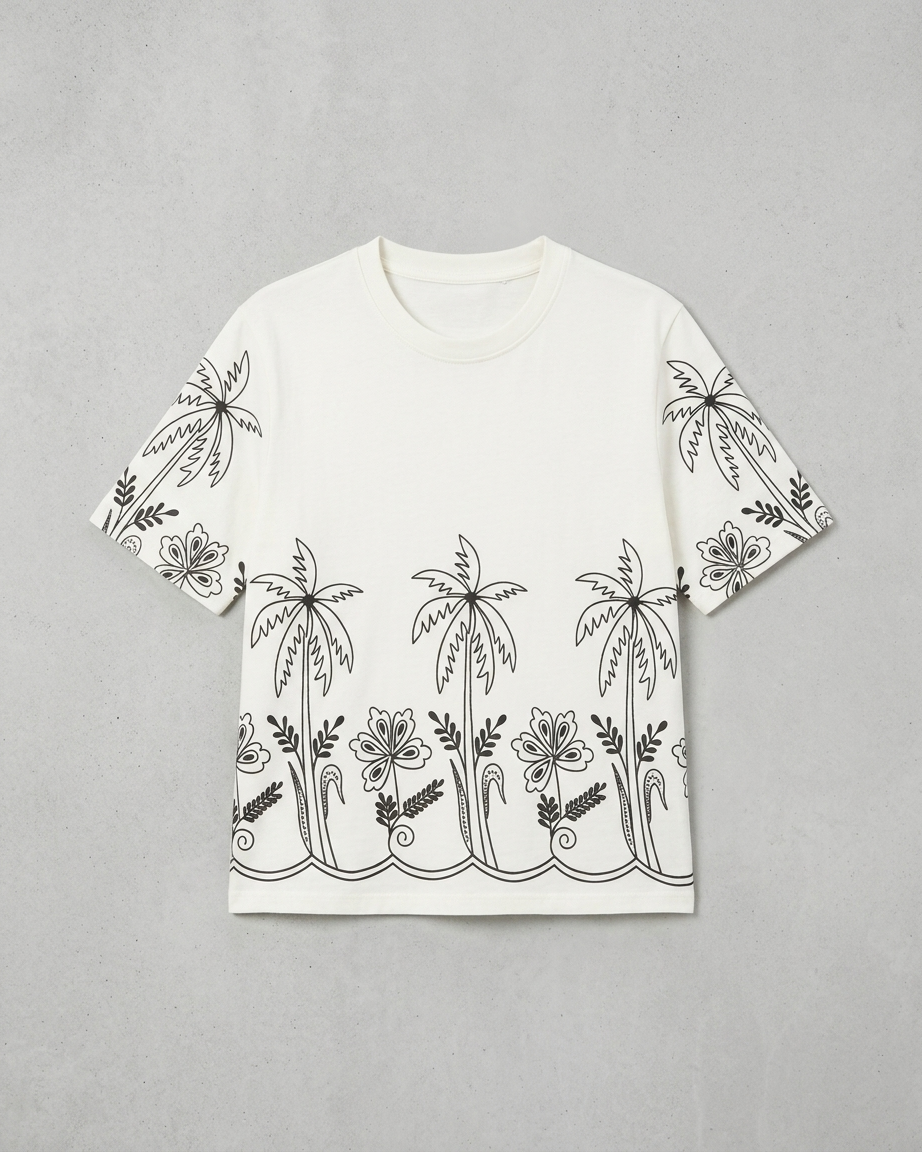 Women's Off-White Cotton T-Shirt with Black Tropical Palm Outline Print