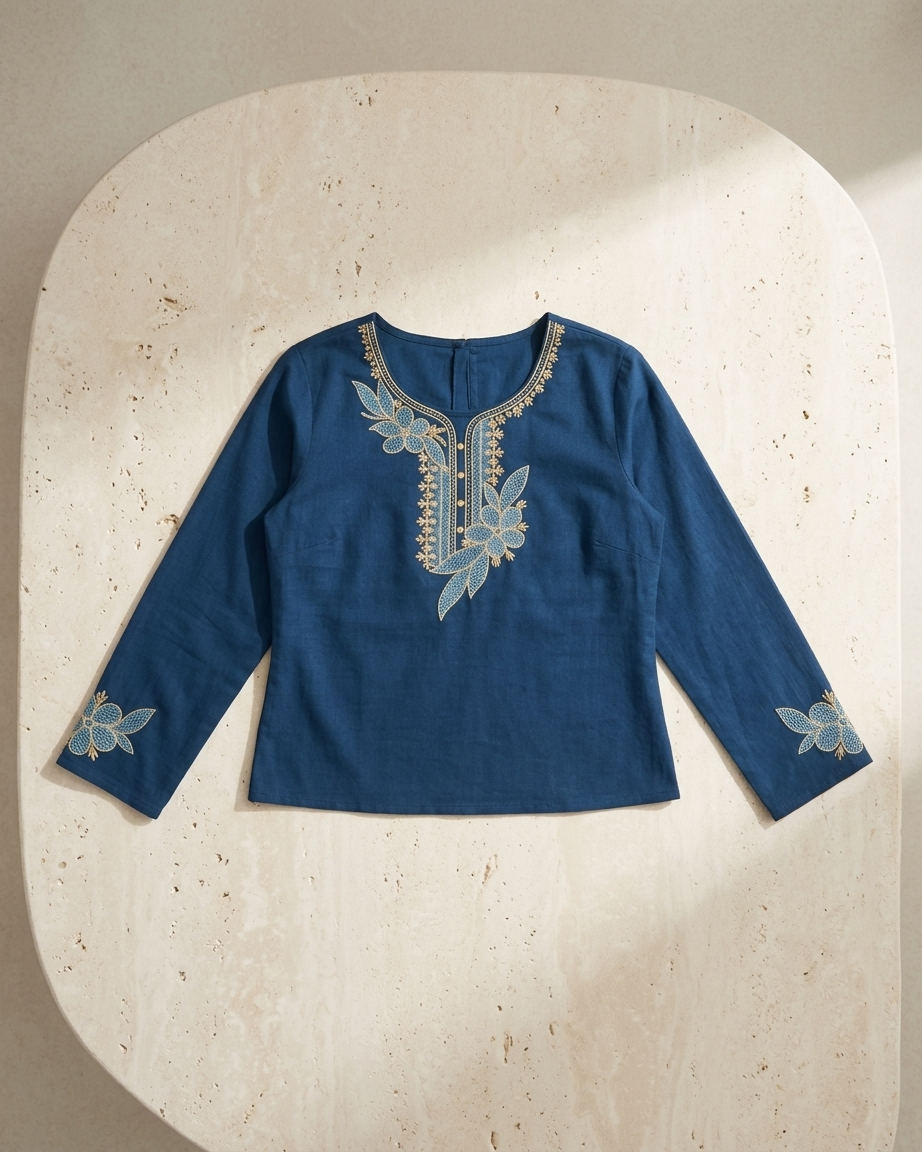 Women's Prussian Blue Cotton Short Kurti with Floral Embroidery