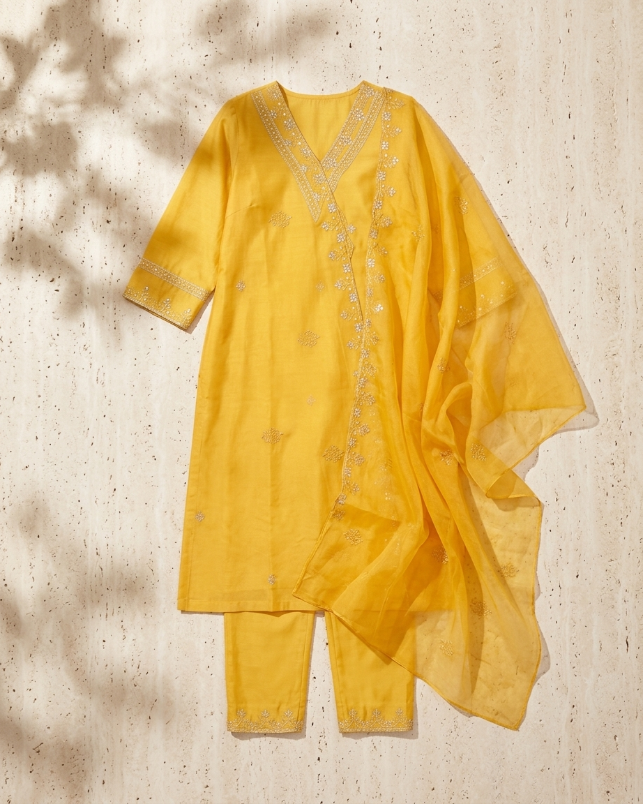Yellow Ethnic V-Neck Kurti with Traditional Gota Patti Work