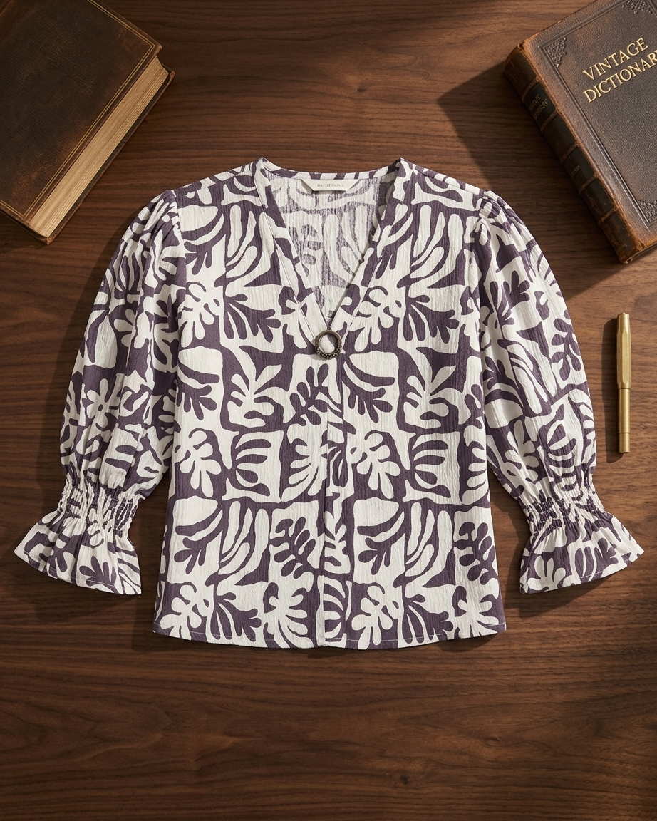 Women's Purple & White Abstract Print Textured Top with Smocked Bell Sleeves
