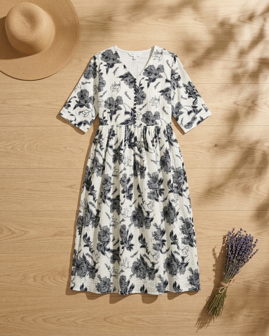 White & Blue Floral Midi Dress.