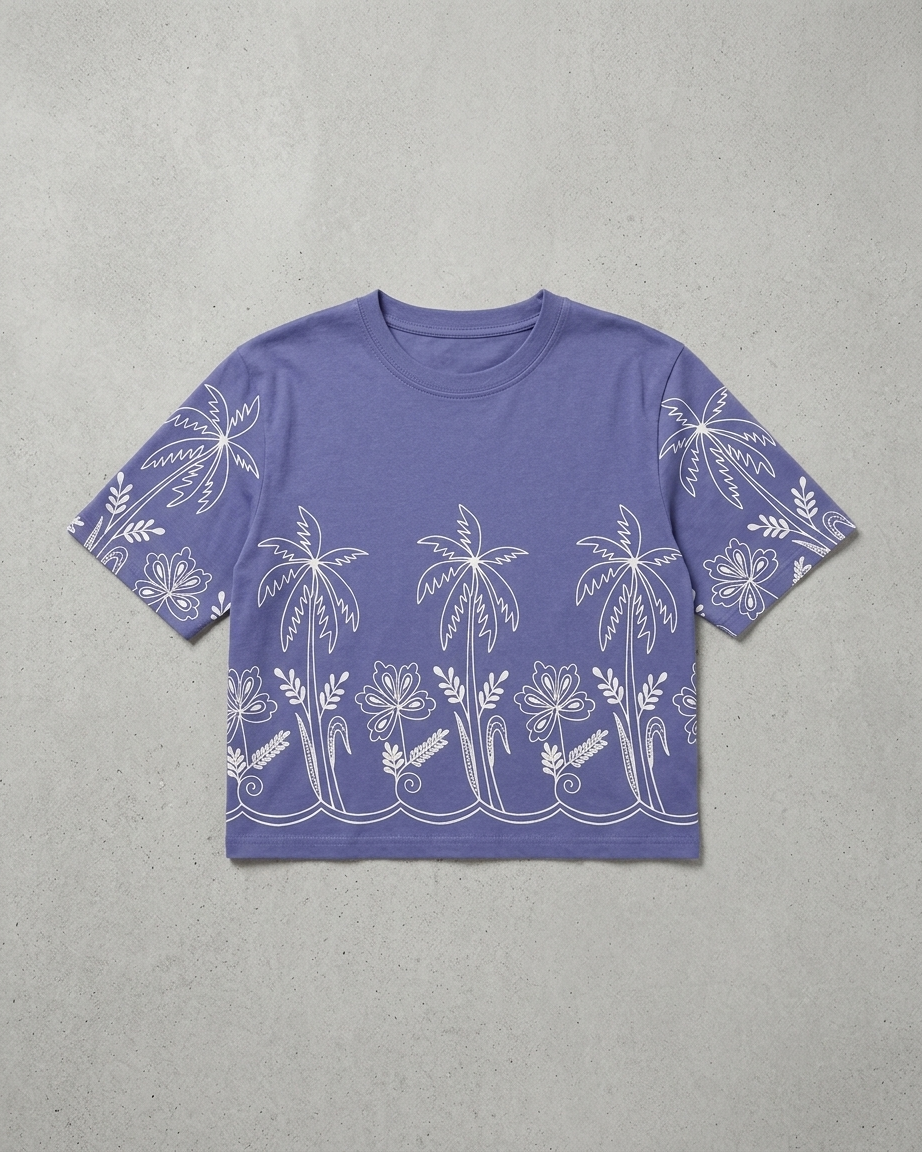 Women's Lavender Purple T-Shirt with White Tropical Palm Tree Print