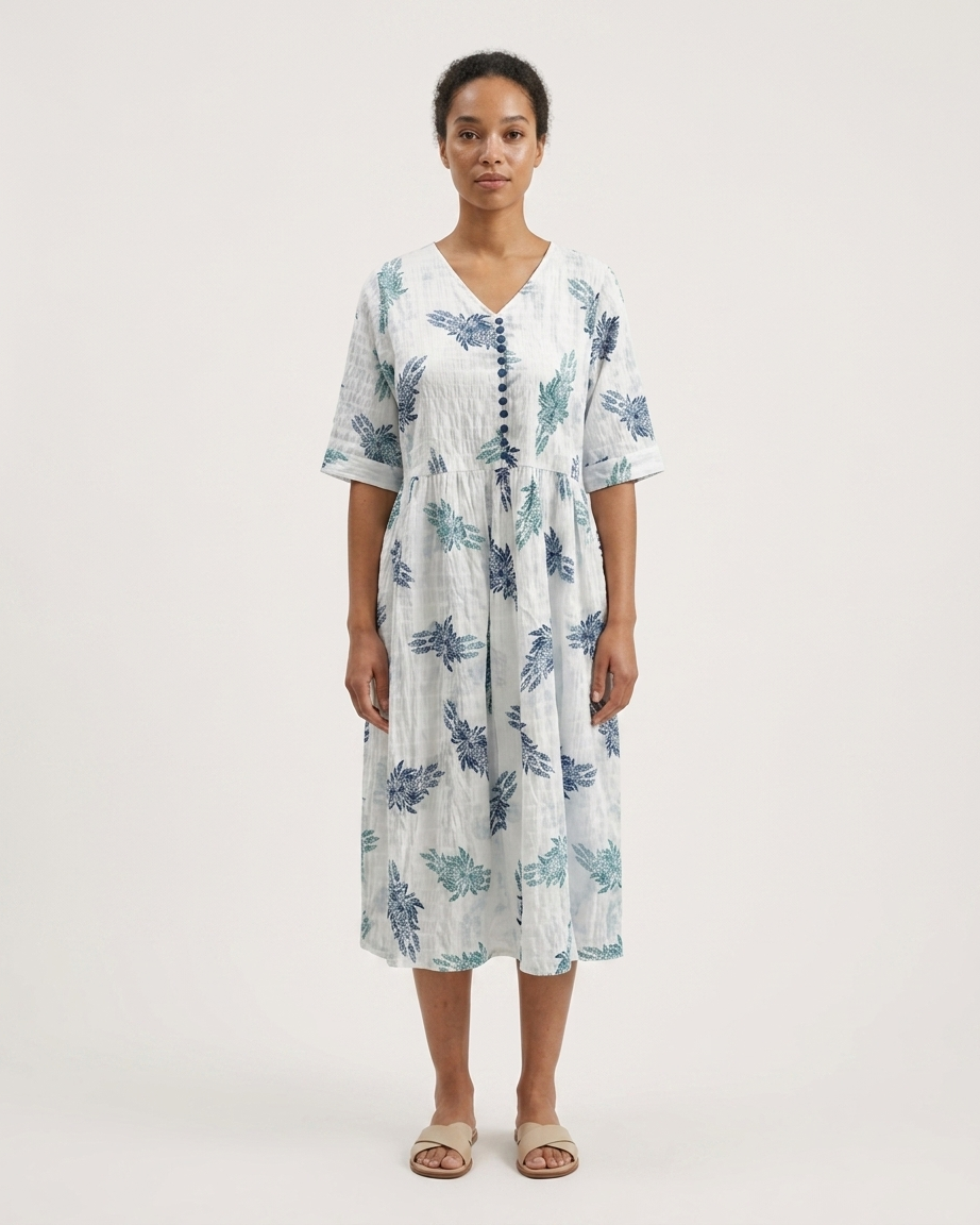 White & Blue Floral Midi Dress