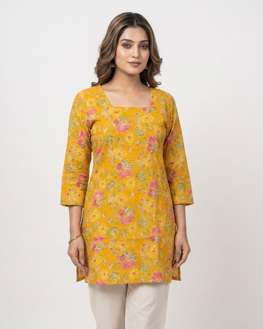 Mustard Yellow Floral Printed Square Neck Tunic