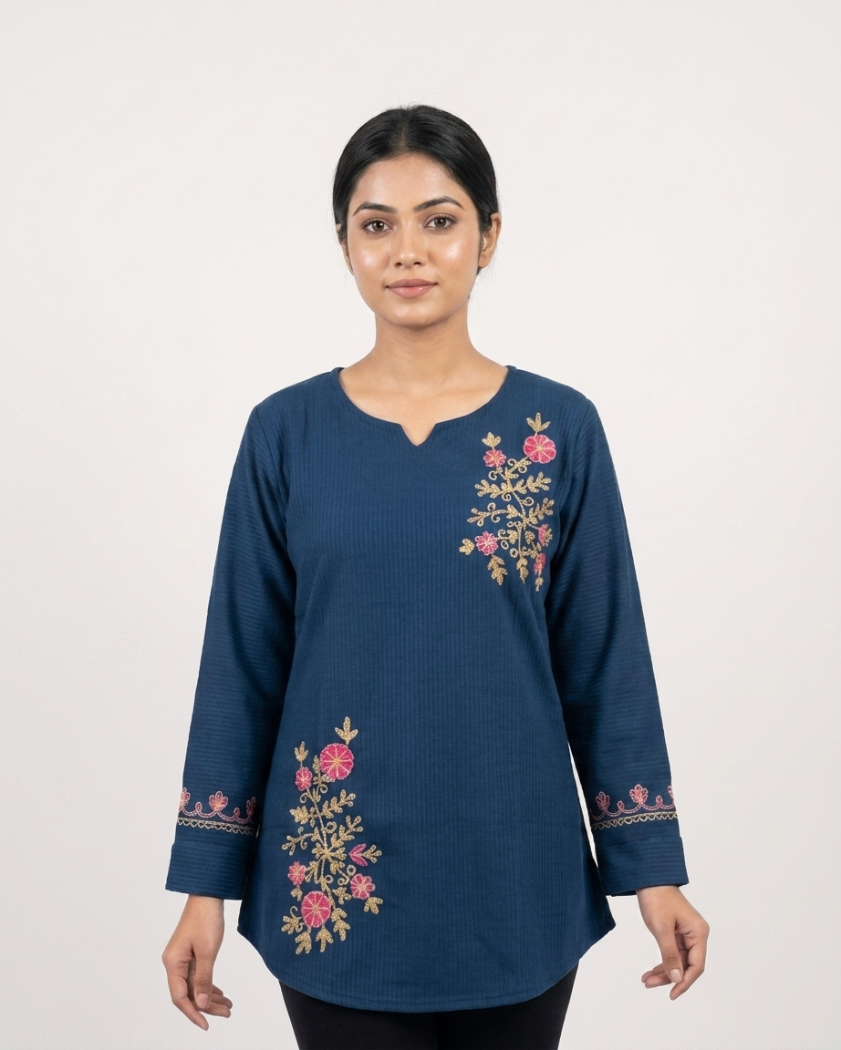 Navy Blue Floral Embroidered Cotton Slub Tunic