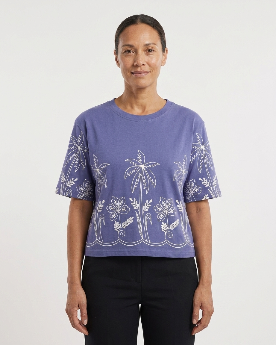 Women's Lavender Purple T-Shirt with White Tropical Palm Tree Print