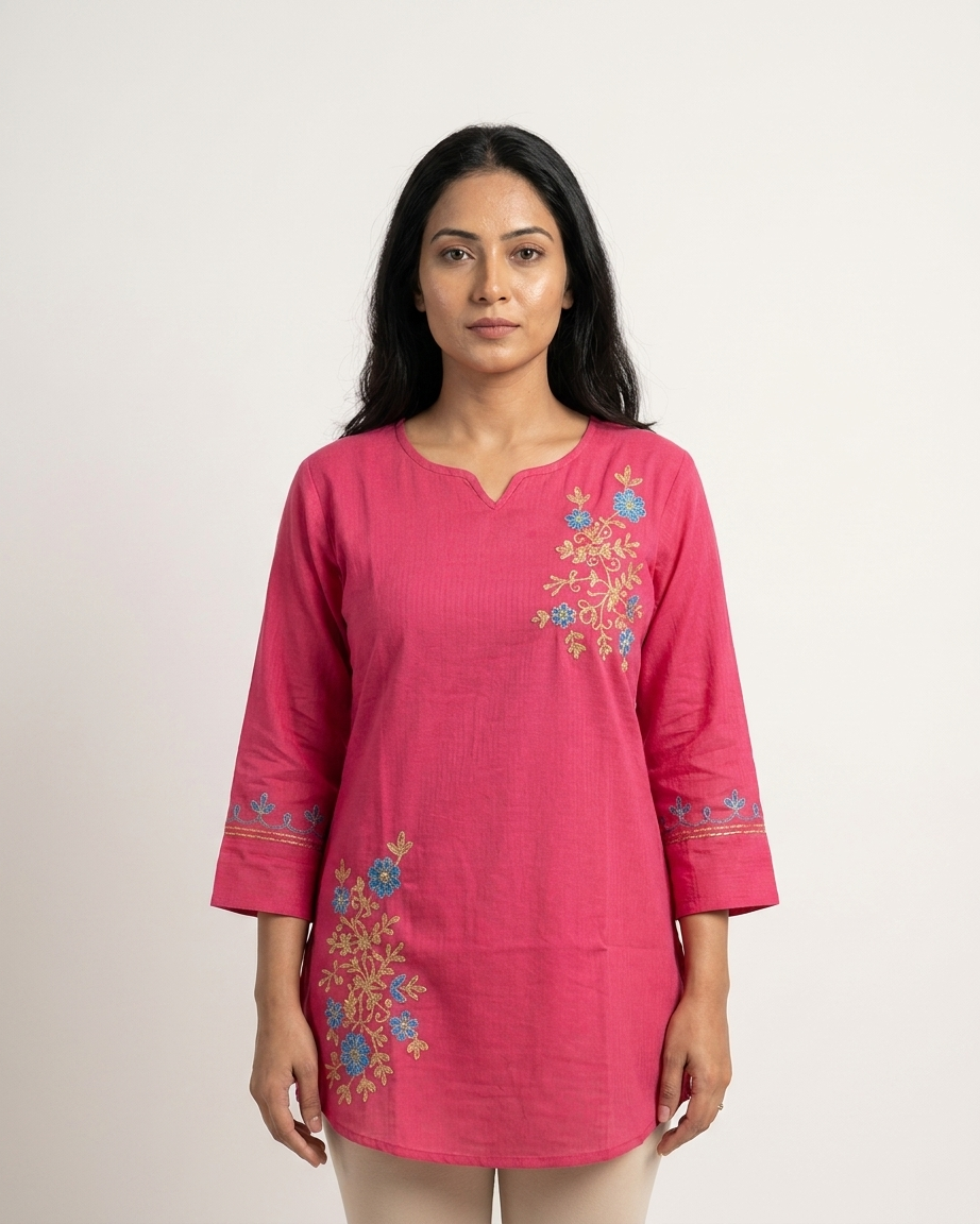 Rani Pink Floral Embroidered Cotton Slub Tunic