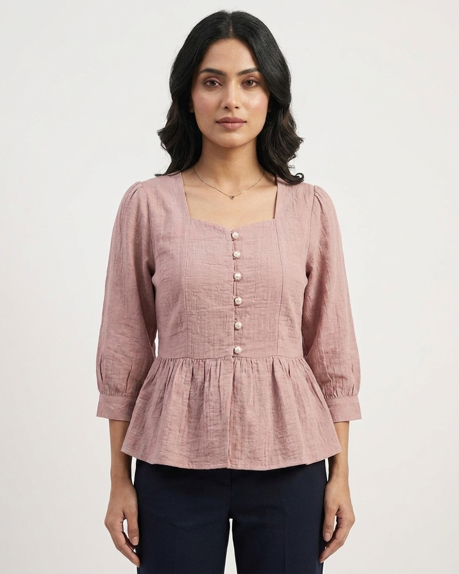 Mauve Pink Textured Peplum Top with Pearl Button Details