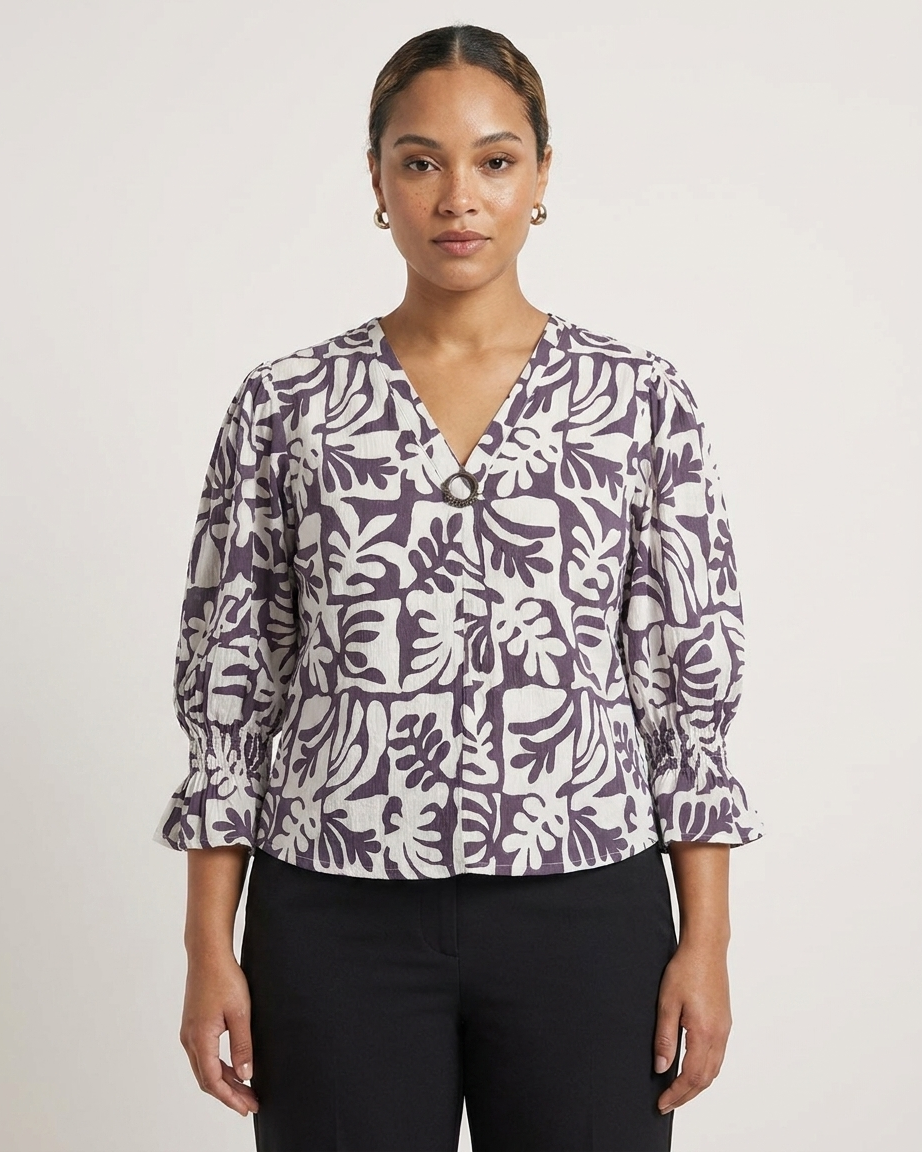 Women's Purple & White Abstract Print Textured Top with Smocked Bell Sleeves