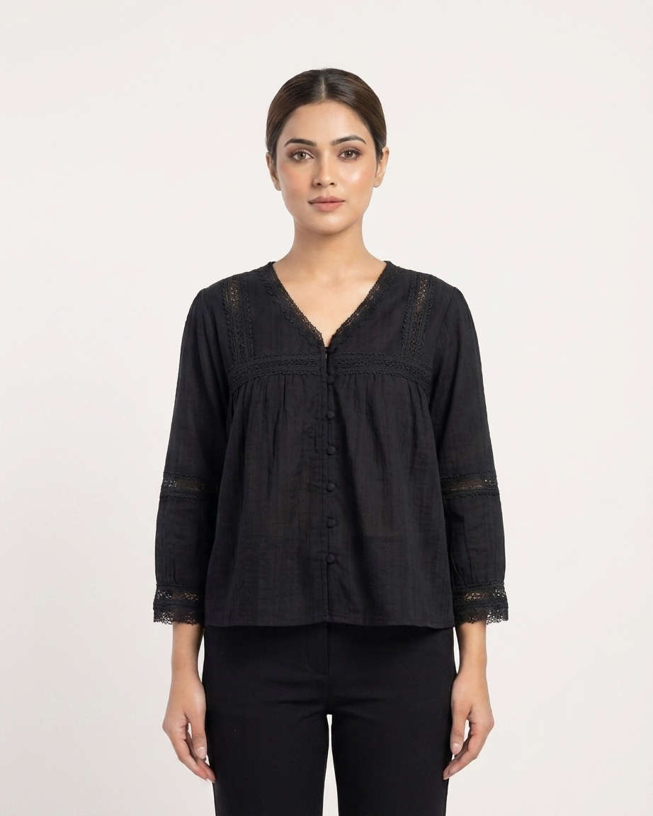 Midnight Black Boho Lace Embroidered Top