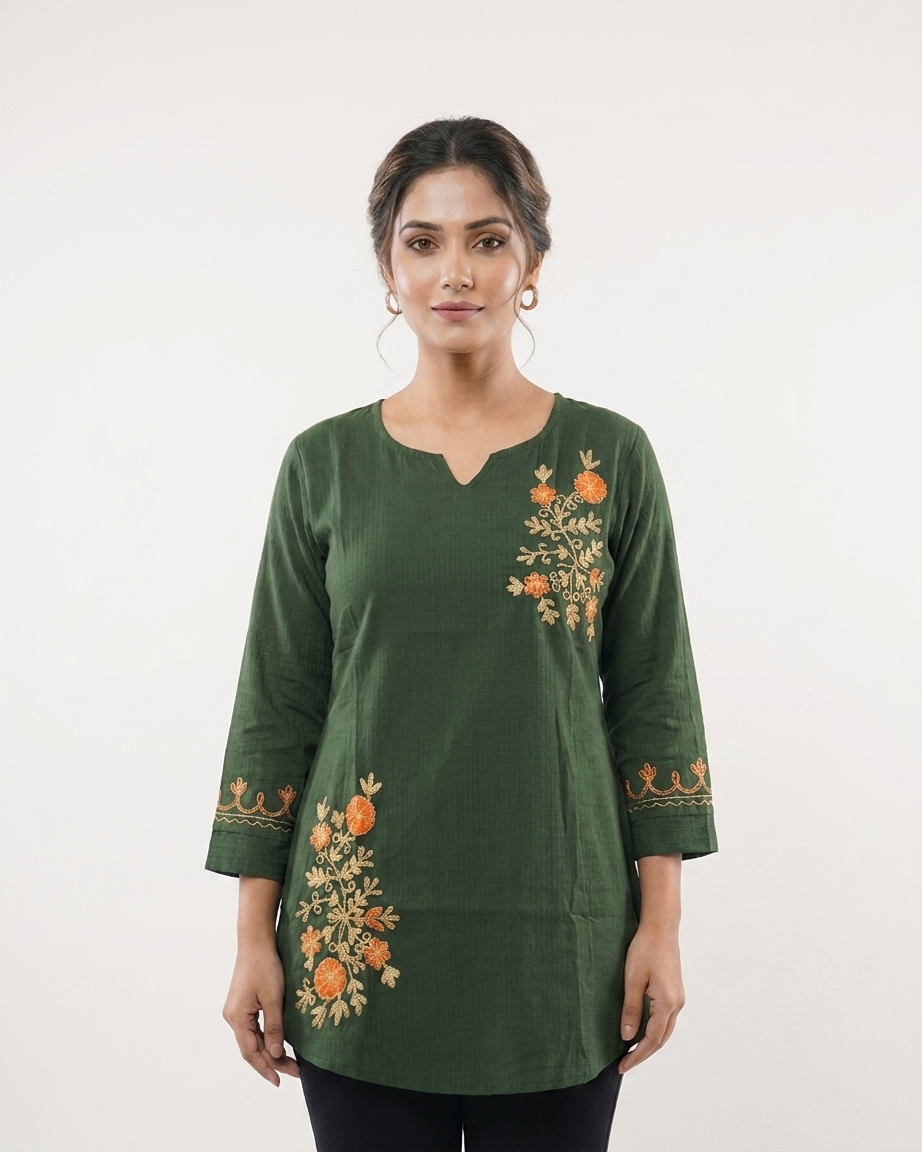 Bottle Green Floral Embroidered Cotton Slub Tunic