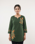 Bottle Green Floral Embroidered Cotton Slub Tunic