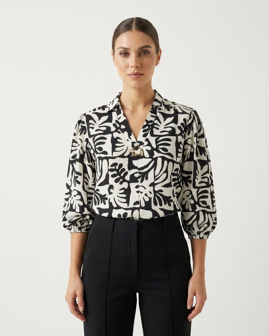 Women's Black & White Abstract Print Shirt with Gold Buckle Detail