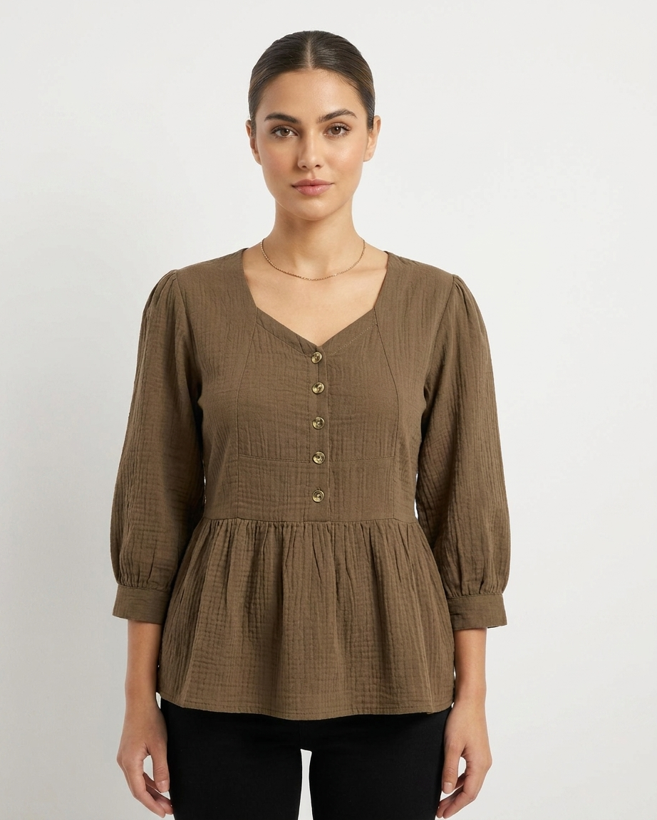 Coffee Brown Textured Peplum Top
