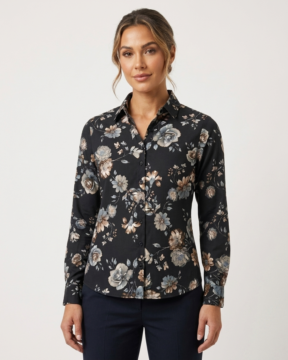 Black Cotton Shirt with Vintage Floral Print