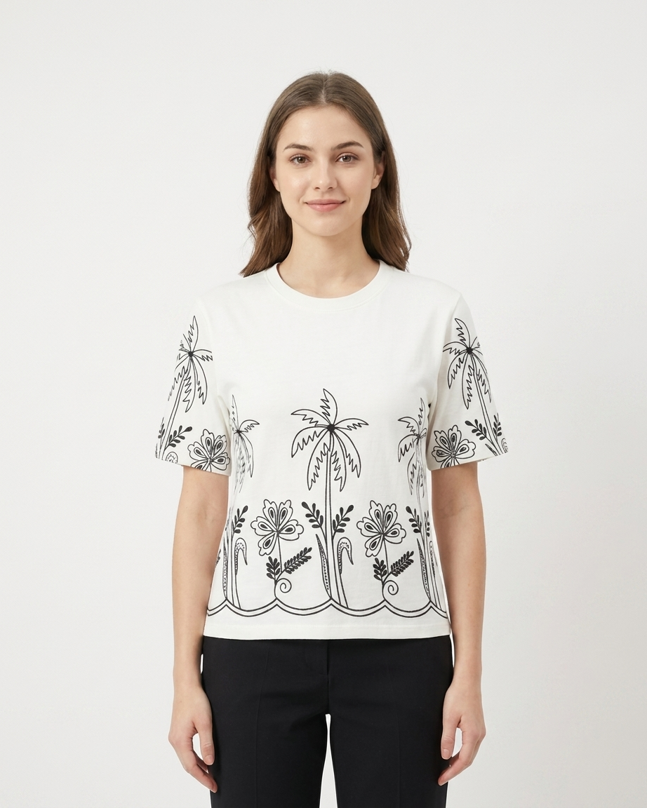 Women's Off-White Cotton T-Shirt with Black Tropical Palm Outline Print