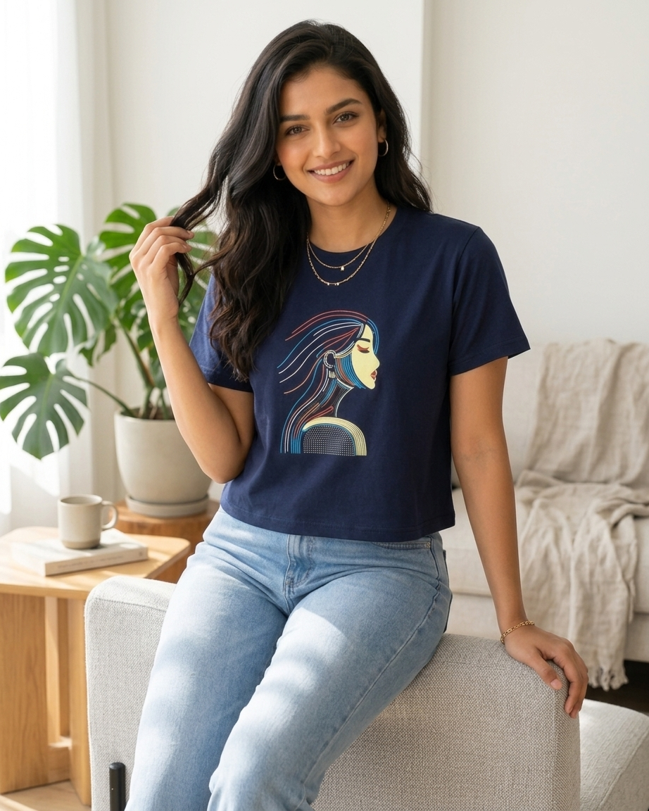 Women's Navy Blue Relaxed Fit Cotton Tee with Artistic Portrait Graphic