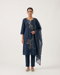 Women's Navy Blue Silk Kurta Set with Gold Floral Embroidery & Sheer Dupatta