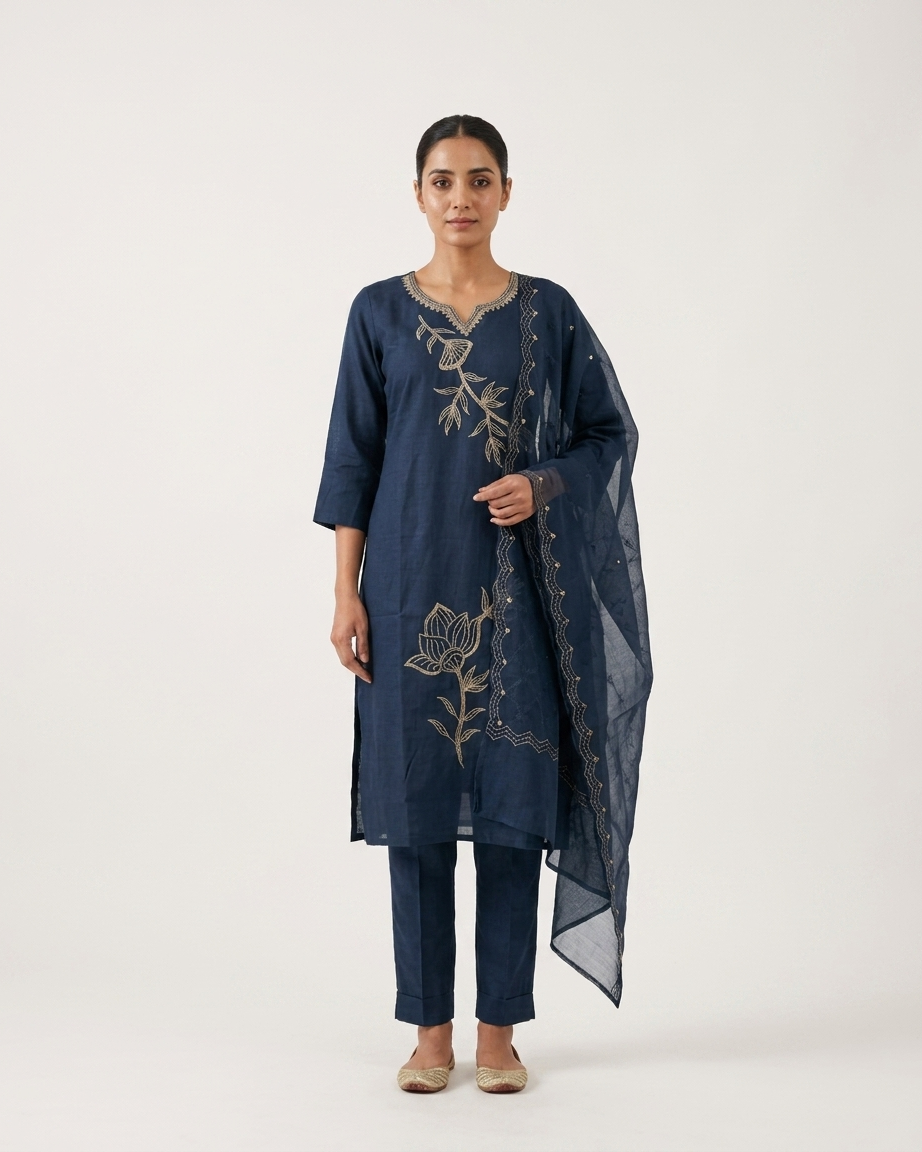 Women's Navy Blue Silk Kurta Set with Gold Floral Embroidery & Sheer Dupatta