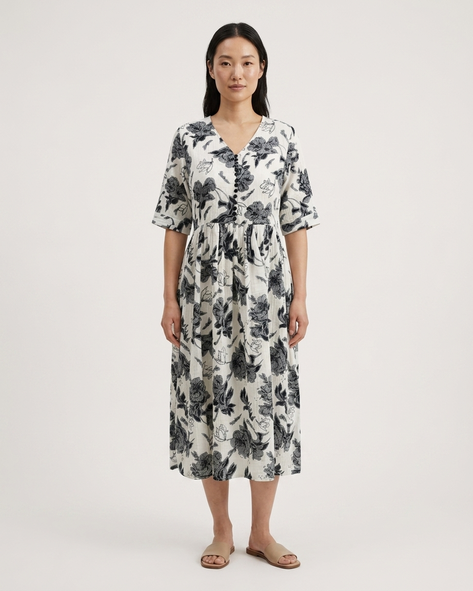 White & Blue Floral Midi Dress.