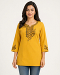 Women's Mustard Yellow Cotton Tunic with Black Floral Embroidery