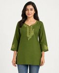 Women's Olive Green Cotton Kurta with Intricate Floral Embroidery