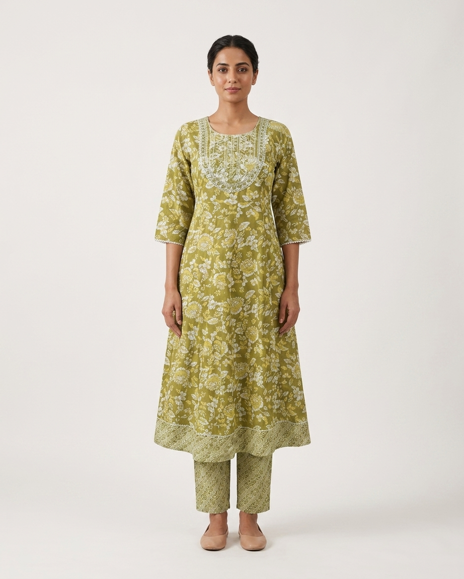 Women's Sage Green Floral Print Cotton Anarkali Kurta with Trousers