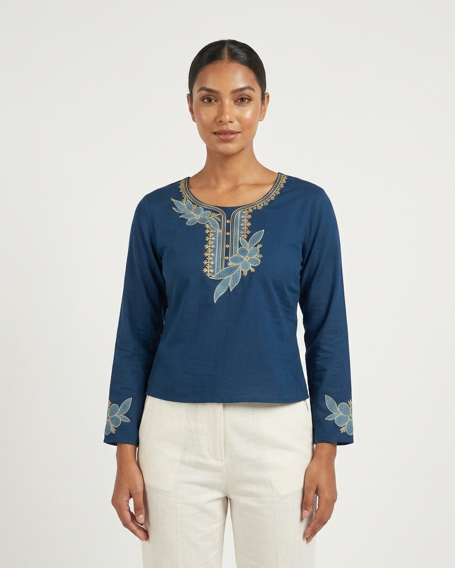Women's Prussian Blue Cotton Short Kurti with Floral Embroidery
