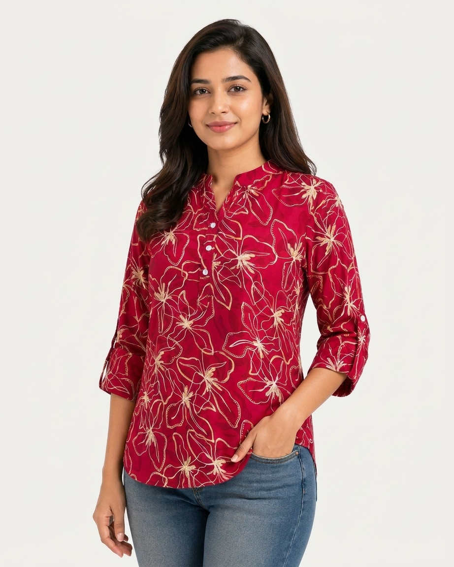 Cherry Red Floral Print Tunic with Mandarin Collar & Roll-Up Sleeves