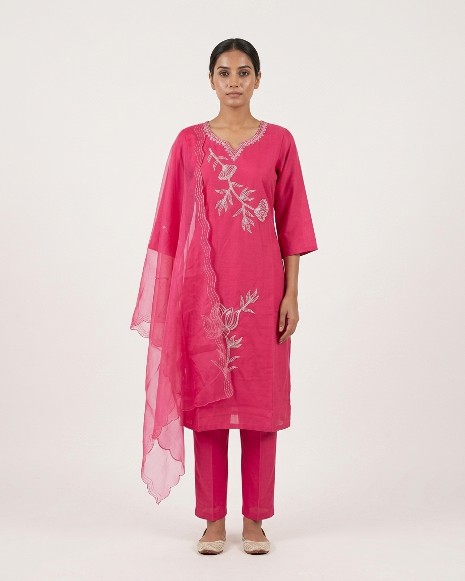 Women's Magenta Pink Silk Kurta Set with Silver Floral Embroidery & Scalloped Dupatta
