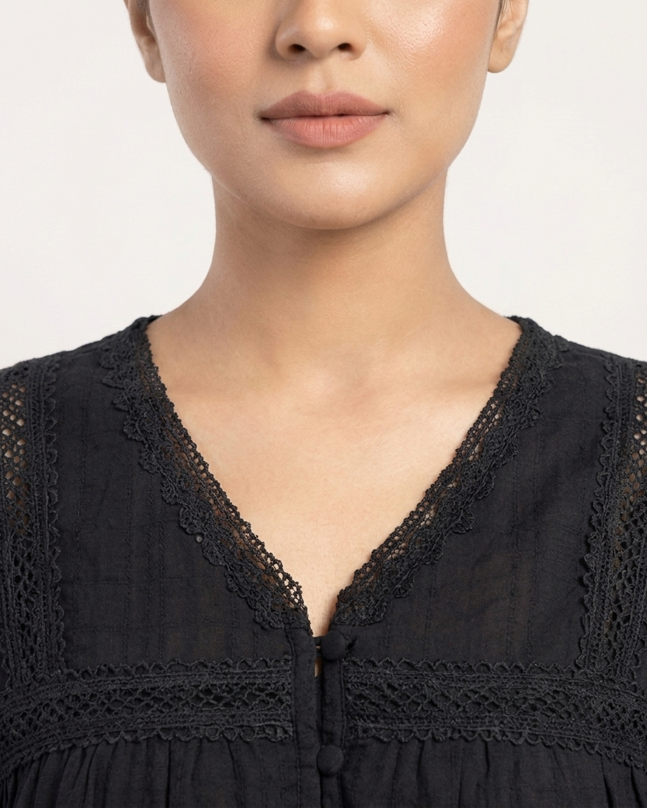 Midnight Black Boho Lace Embroidered Top