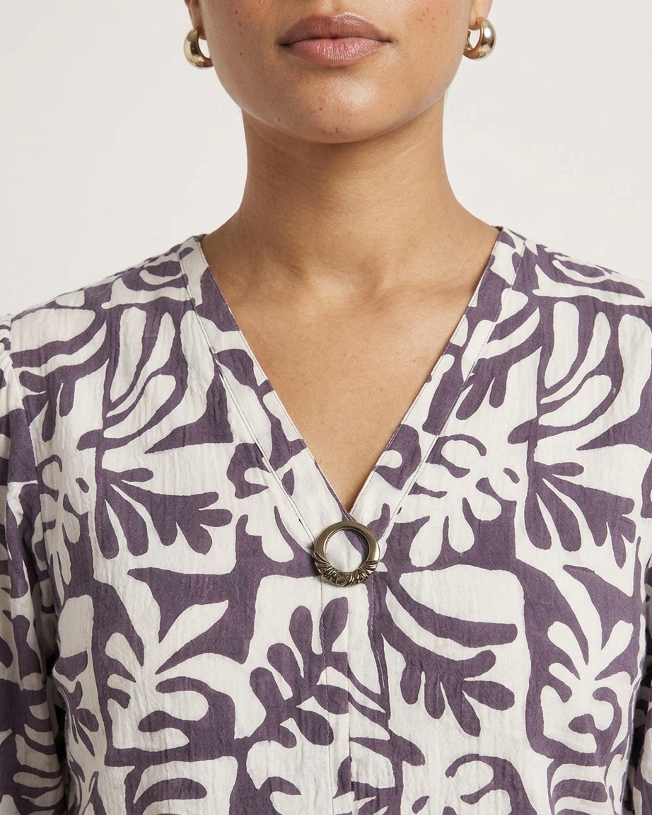 Women's Purple & White Abstract Print Textured Top with Smocked Bell Sleeves