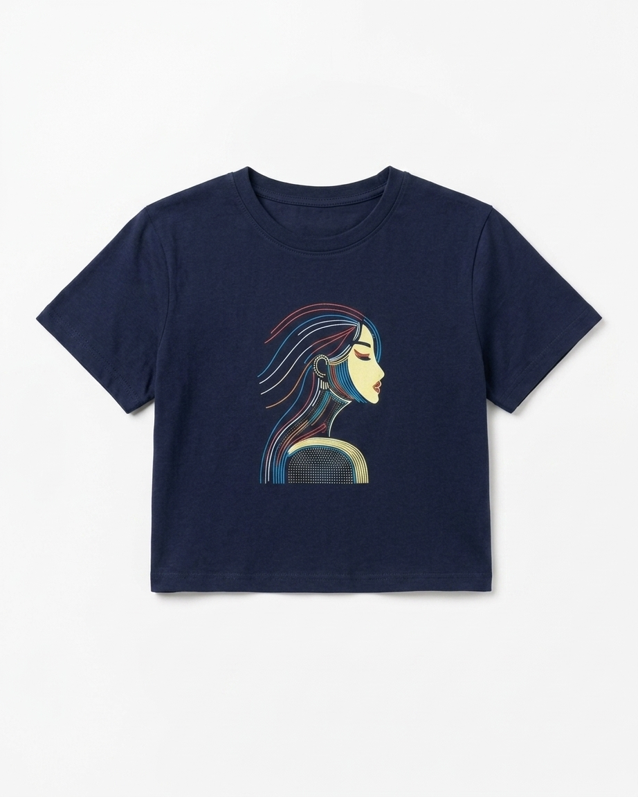 Women's Navy Blue Relaxed Fit Cotton Tee with Artistic Portrait Graphic
